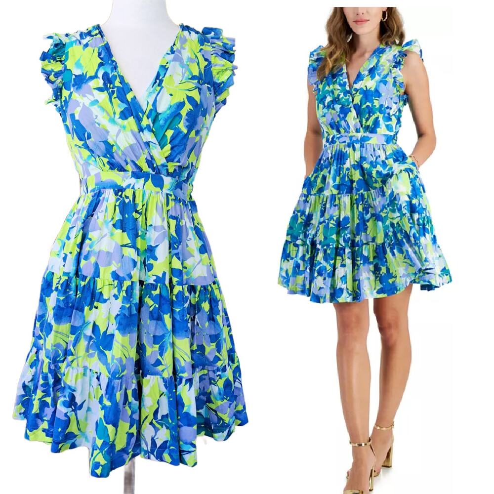 TAYLOR Floral A-line Dress Small Blue Green Tiered Flutter Sleeve V-neck Pockets